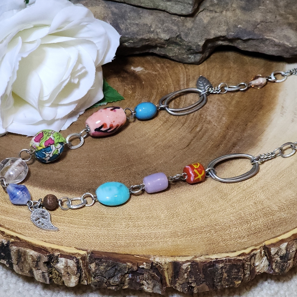 Vintage Colorful Chunky Glass Beaded Silver Tone Double Chain Necklace